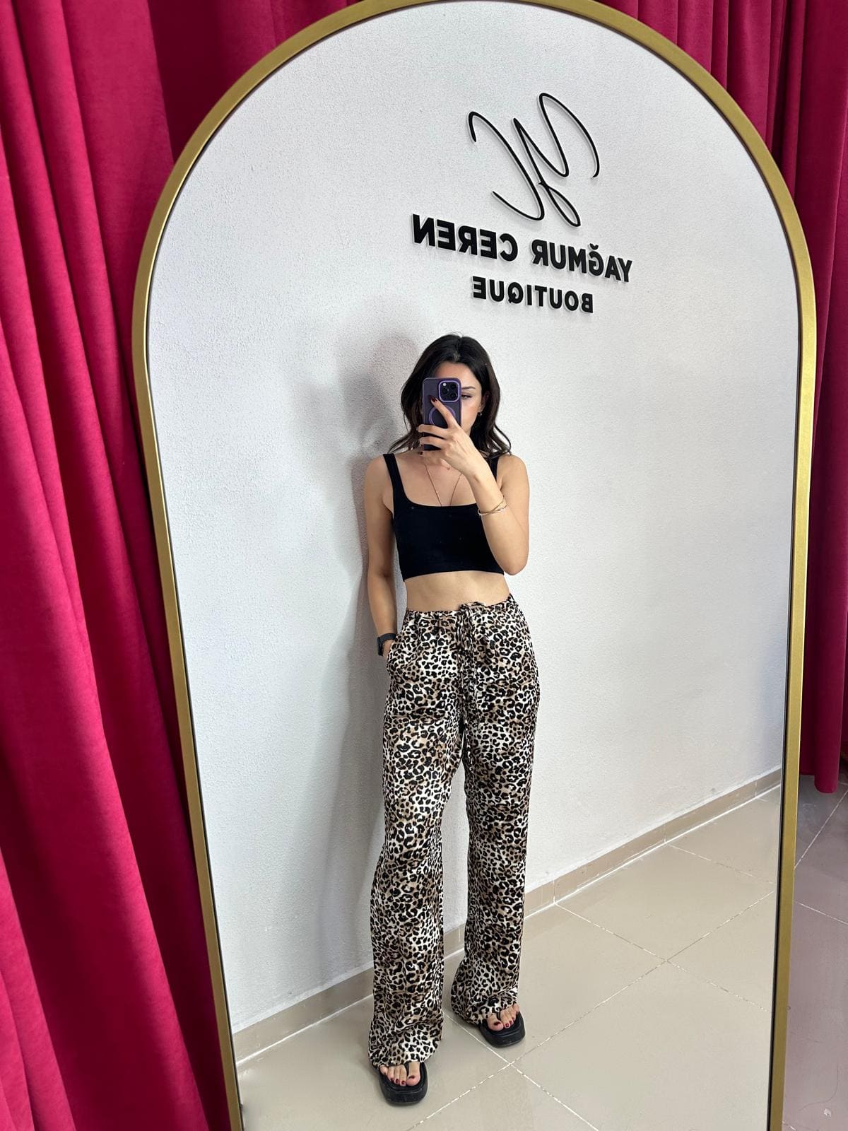 Leopar İpek Saten Pantolon 