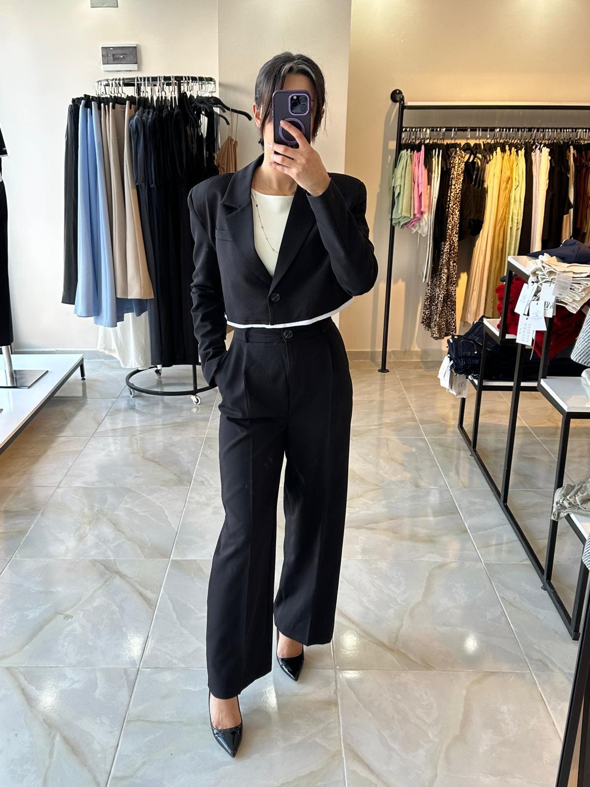 Garnili Siyah Crop Ceket Pantolon Takım 