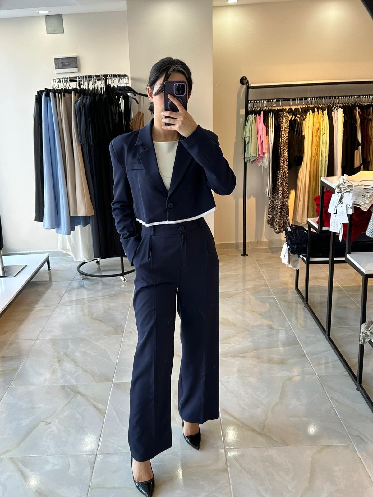 Garnili Lacivert Crop Ceket Pantolon Takım 