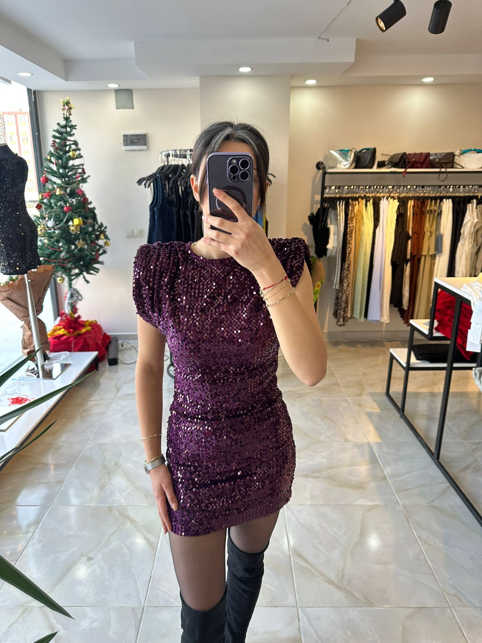 Pullu Mor Mini Elbise