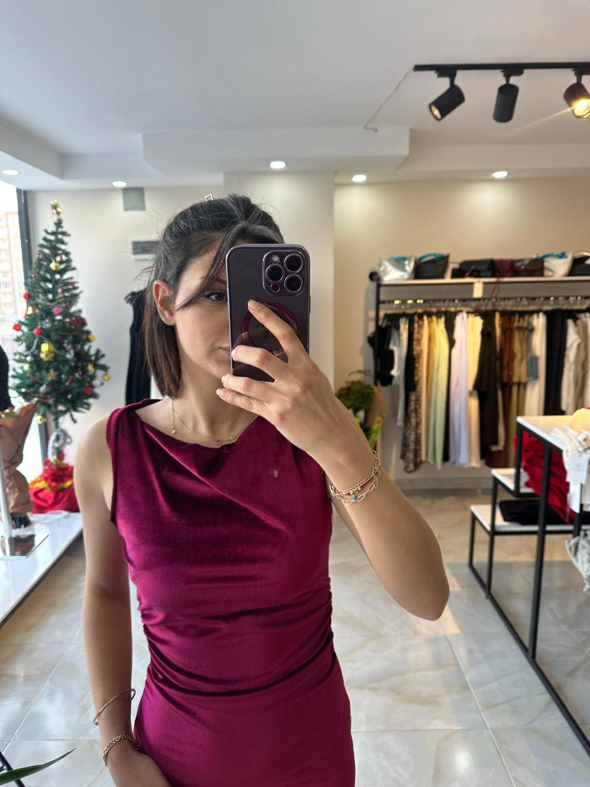 Bordo Midi Boy Kadife Elbise