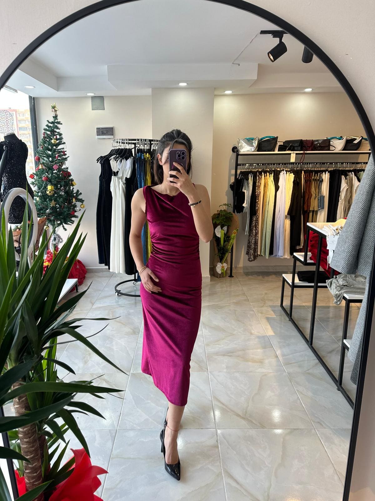 Bordo Midi Boy Kadife Elbise
